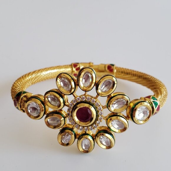 NWOT Statement Bracelet Elegant Kundan Enamel CZ Floral Design Hinged Bangle - Picture 10 of 13